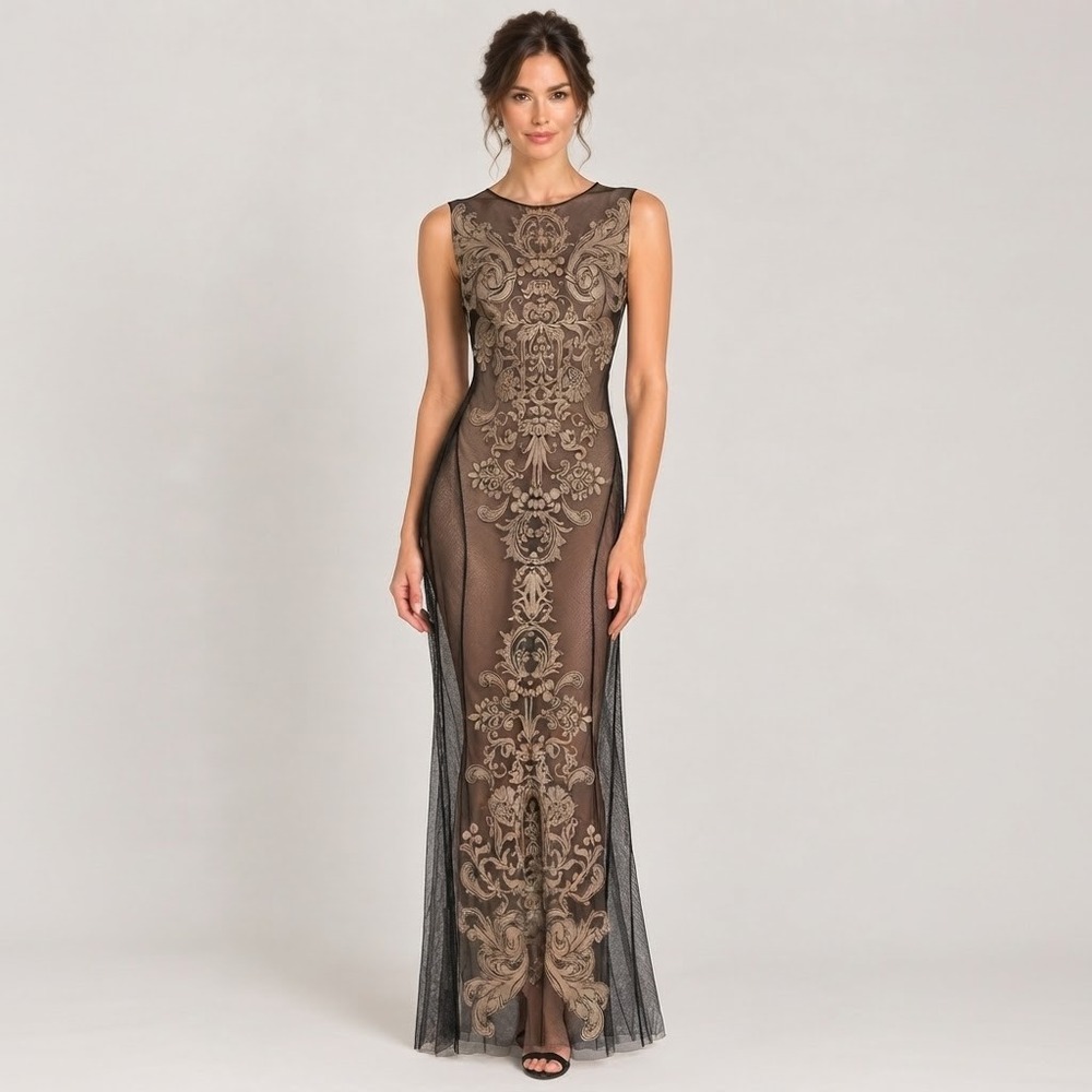 Viviana Gabeiras Petit Pois Black Mesh Maxi Dress Sz M Embroidered Baroque Gown